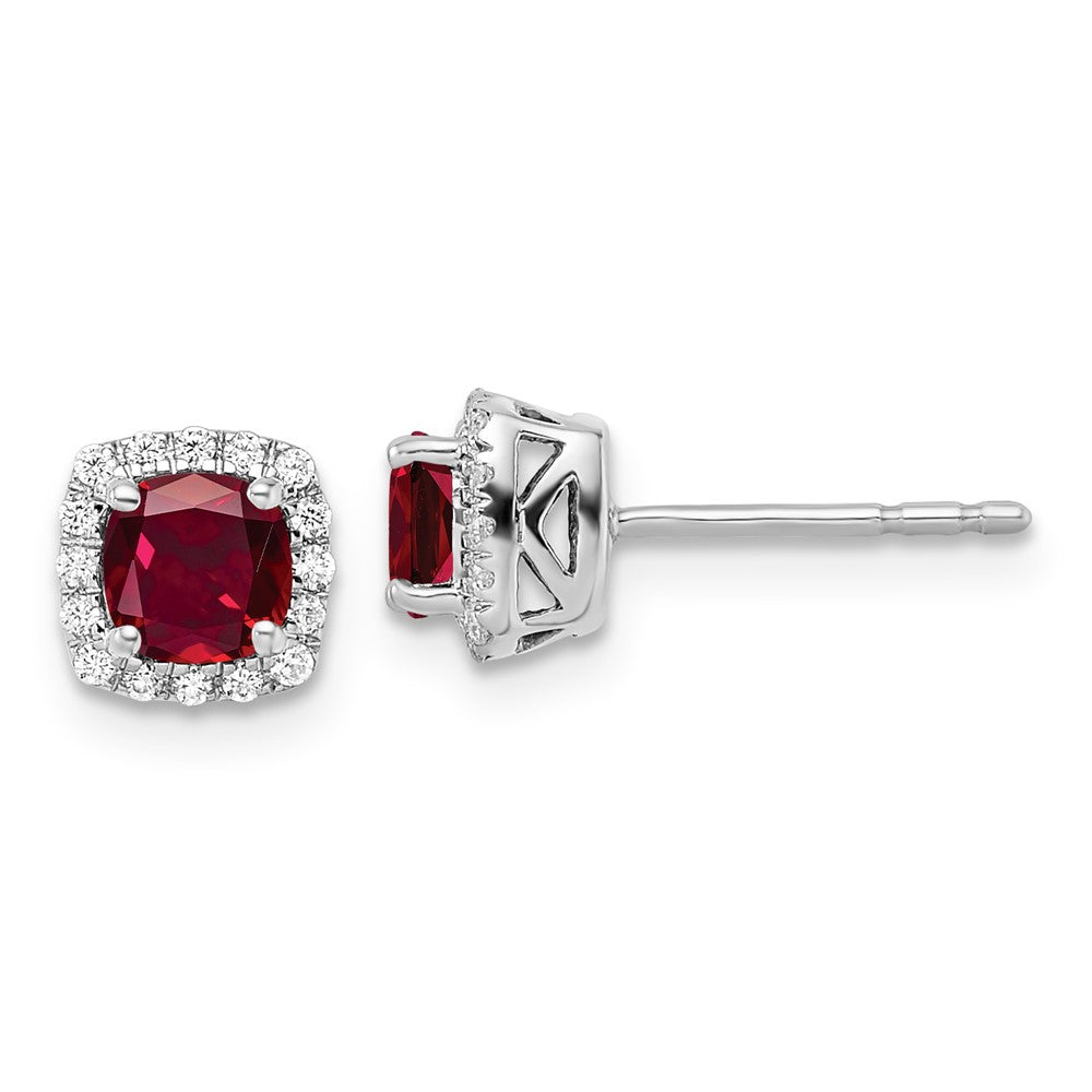 Buy Stylish 14K White Gold Square Halo Earrings with 1/10 Carat Diamond & Ruby