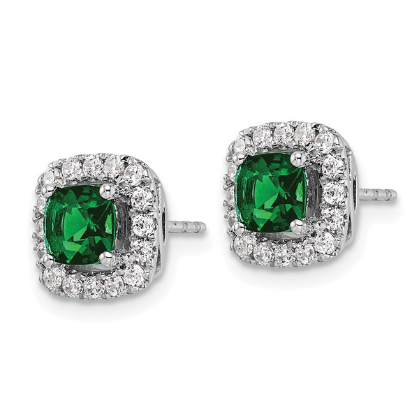 14K White Gold Halo Earrings with 3/8 Carat Lab-Diamond & Emerald