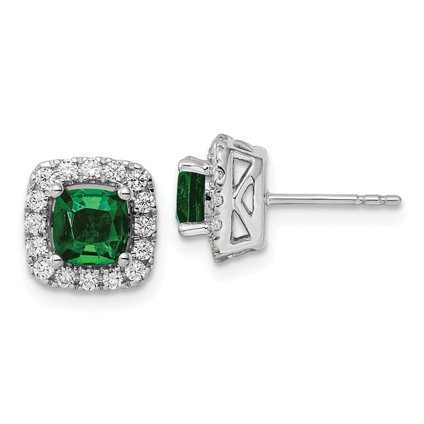 14K White Gold Halo Earrings with 3/8 Carat Lab-Diamond & Emerald