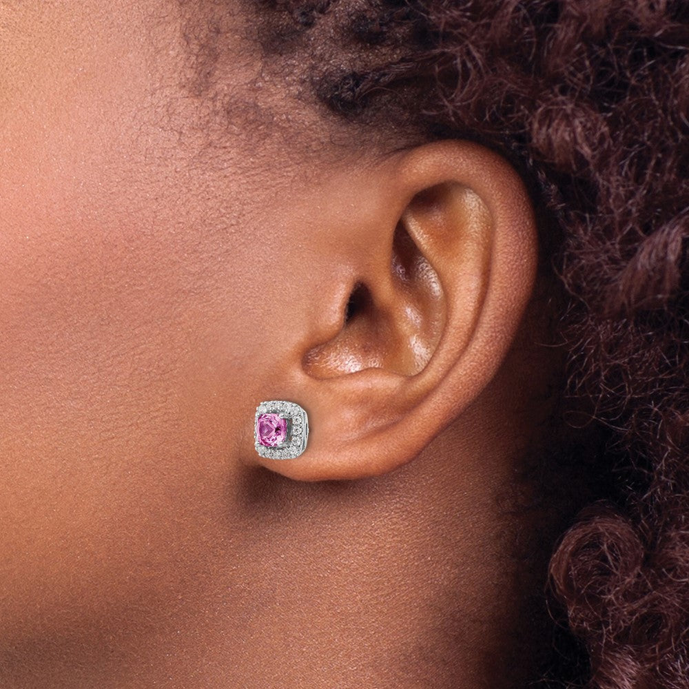 Buy Designer 14K White Gold Halo Earrings with 3/8 Carat Lab Diamonds & Pink Sapphires - Affordable Luxury!