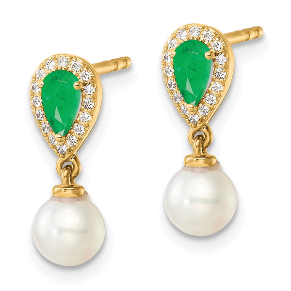 14K Gold Dangle Earrings with Diamonds, Pearls Emeralds