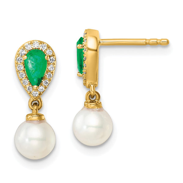 14K Gold Dangle Earrings with Diamonds, Pearls Emeralds