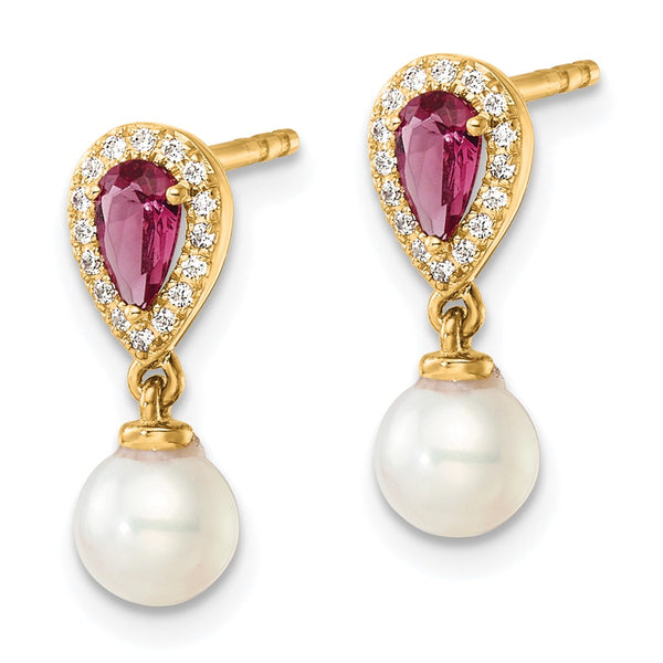 14K Gold Polished Dangle Earrings with Diamonds & Pearls