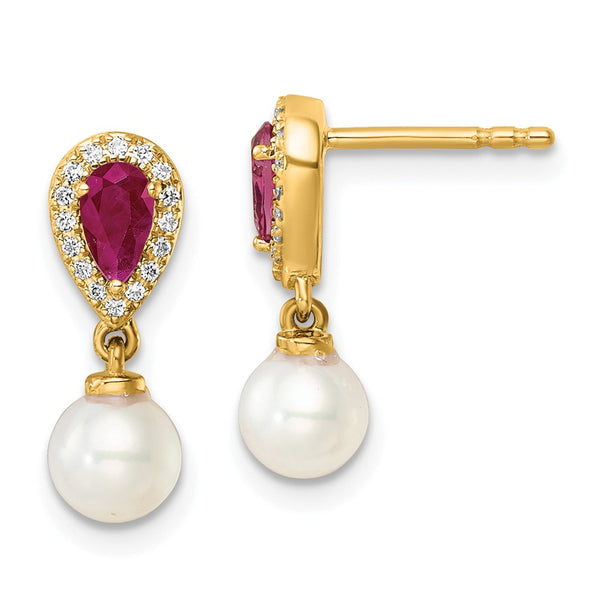 14K Gold Polished Dangle Earrings with Diamonds & Pearls