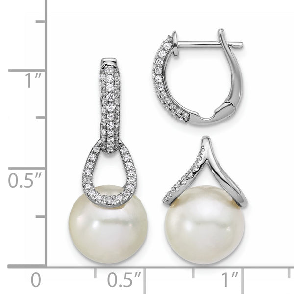 14K White Gold Diamond & Pearl Dangle Hoop Earrings