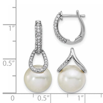 Exclusive 14K White Gold Diamond & Pearl Dangle Hoop Earrings - Stylish Value!