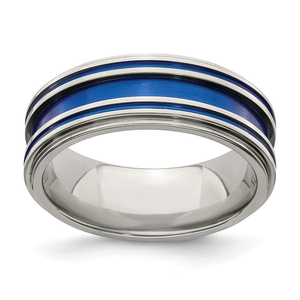 Edward Mirell 8mm Titanium Band with Blue Anodized Grooves