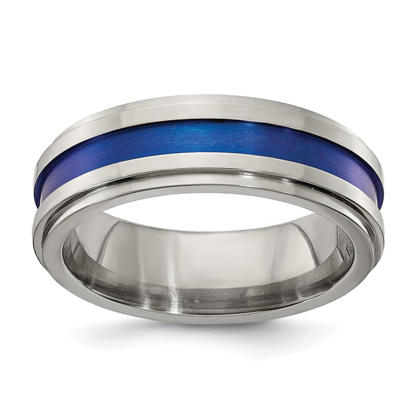Edward Mirell 7mm Gray Titanium Band - Blue Anodized Stripe