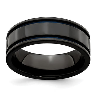Buy Stylish Edward Mirell 8mm Black Titanium Band with Blue Anodized Grooves