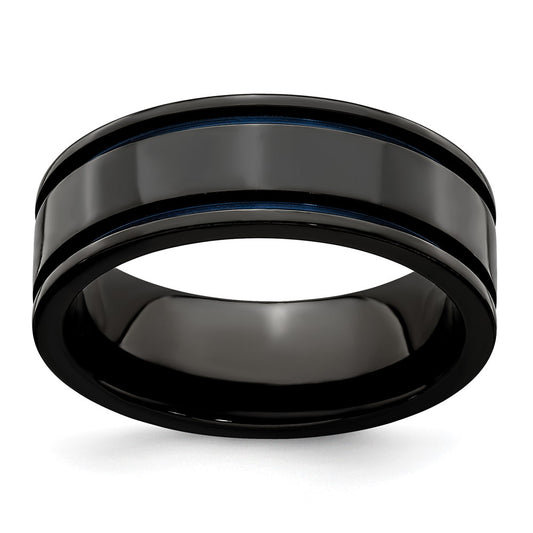 Exclusive Edward Mirell 8mm Black Titanium Band with Blue Grooves - Stylish Value