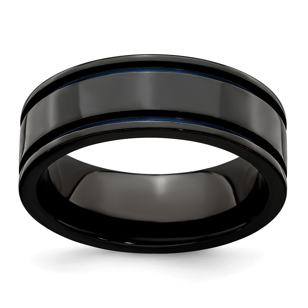 Exclusive Edward Mirell Black Titanium Band - 8mm Flat, Stylish Blue Grooves