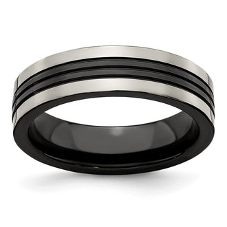 Buy Exclusive Edward Mirell 6mm Flat Band in Grey Titanium & Black Groove