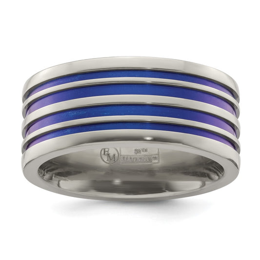 Exclusive Edward Mirell 10mm Flat Titanium Band with Stylish Blue Grooves
