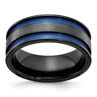 Exclusive Edward Mirell 8.5mm Black Titanium Band - Stylish Blue Grooves