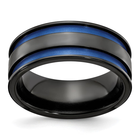 Exclusive Edward Mirell 8.5mm Black Titanium Band with Stylish Blue Grooves