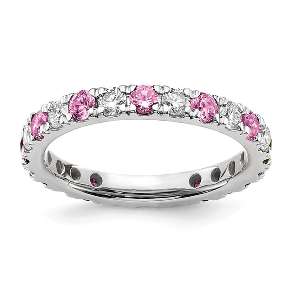 14K White Gold Eternity Band with 3/4 Carat Diamond & Pink Sapphire, Size 7
