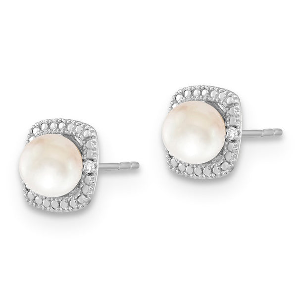 Polished Sterling Silver Button Earrings with Freshwater Pearls & Diamonds