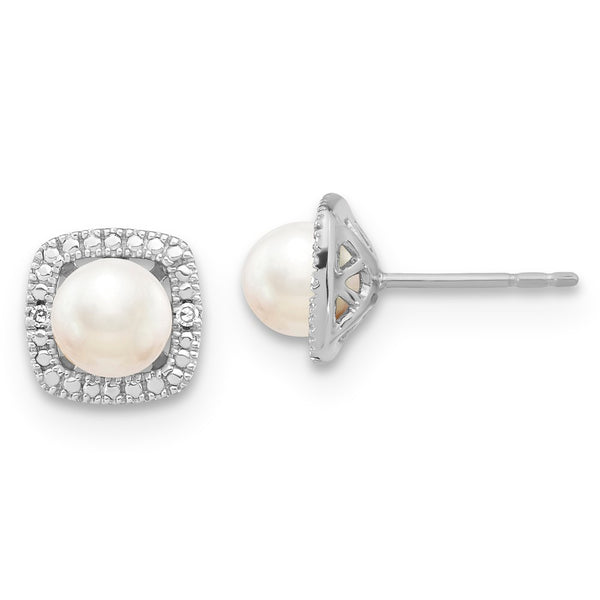 Polished Sterling Silver Button Earrings with Freshwater Pearls & Diamonds