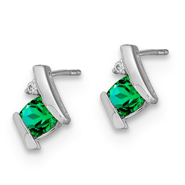 Sterling Silver Emerald & Diamond Earrings - Created Gemstones