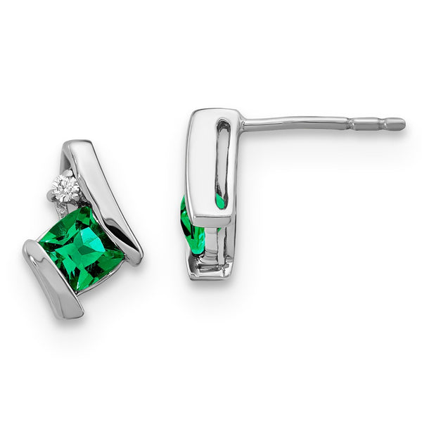 Sterling Silver Emerald & Diamond Earrings - Created Gemstones