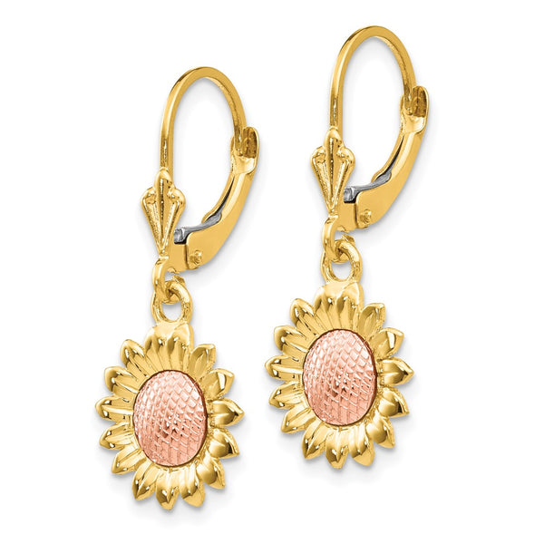 14K Two-Tone Polished Sunflower Drop Earrings