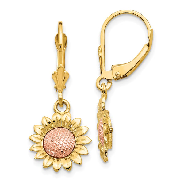 14K Two-Tone Polished Sunflower Drop Earrings