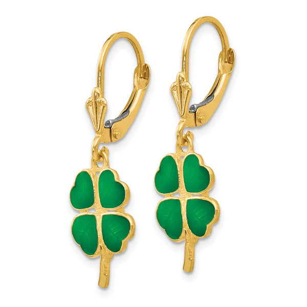 14K Gold Enameled Clover Leverback Earrings