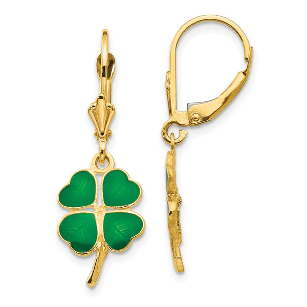 14K Gold Enameled Clover Leverback Earrings