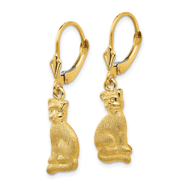 14K Gold Cat Dangle Leverback Earrings, Satin