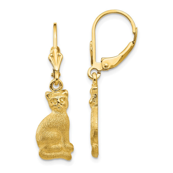 14K Gold Cat Dangle Leverback Earrings, Satin