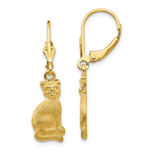 Buy Stylish 14K Gold Cat Dangle Leverback Earrings, Satin Finish, Affordable Luxury