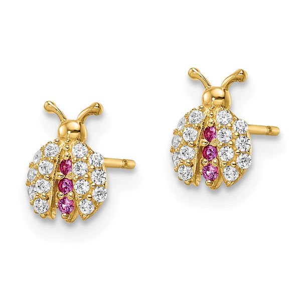 14K Gold Ladybug Stud Earrings with Clear & Red CZ, 8mm