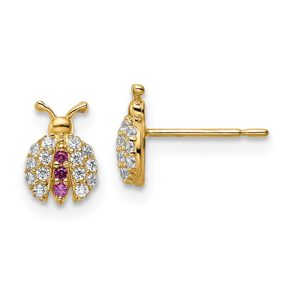 14K Gold Ladybug Stud Earrings with Clear & Red CZ, 8mm