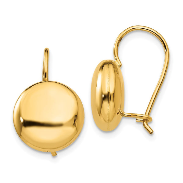 14K Gold Polished 12mm Button Kidney Wire Earrings
