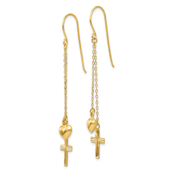 14K Gold Ropa Chain Heart & Diamond-Cut Cross Earrings