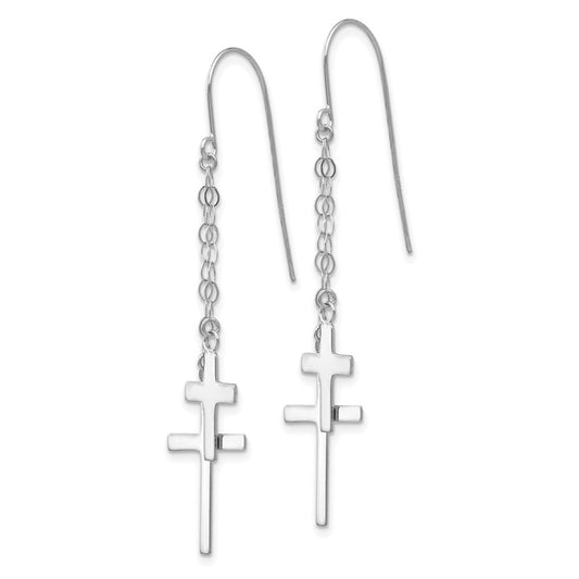 High-Quality 14K White Gold Dangle Cross Earrings - Stylish Shepherd Hook Design