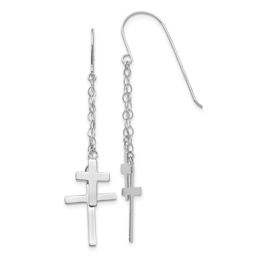 High-Quality 14K White Gold Dangle Cross Earrings - Stylish Shepherd Hook Design