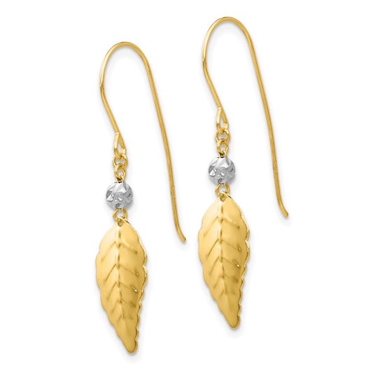 Buy Stylish 14K Two-Tone Leaf Design Shepherd Hook Earrings - Luxury Value!