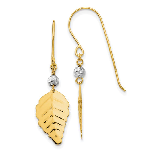 Buy Stylish 14K Two-Tone Leaf Design Shepherd Hook Earrings - Luxury Value!