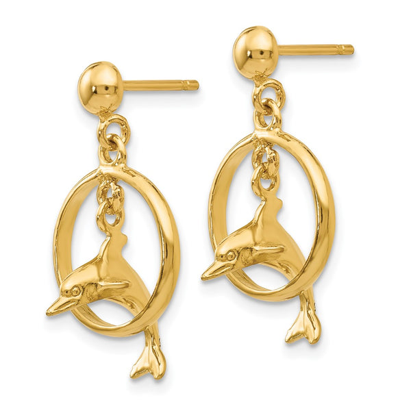 14K Gold Polished 3D Dolphin Hoop Dangle Earrings