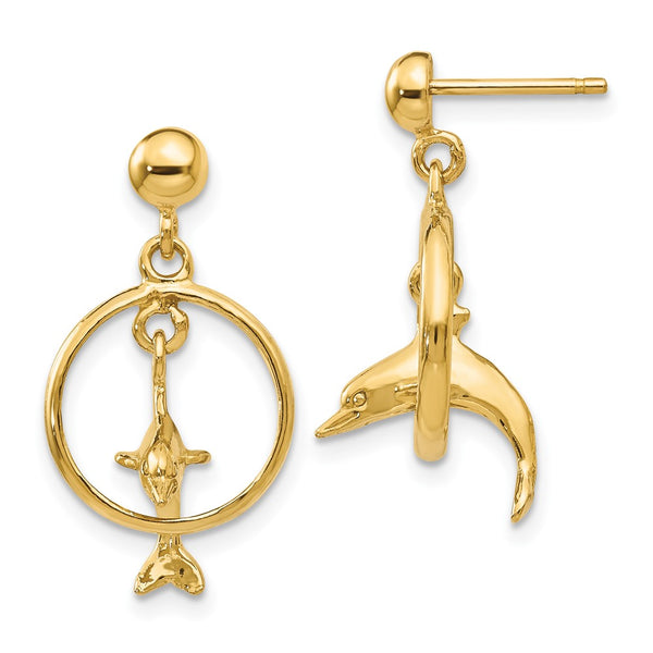 14K Gold Polished 3D Dolphin Hoop Dangle Earrings