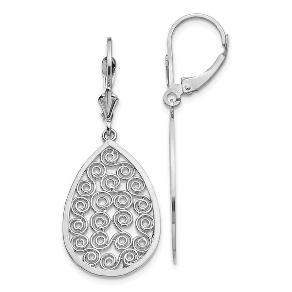 14K White Gold Teardrop Dangle Earrings - Filigree