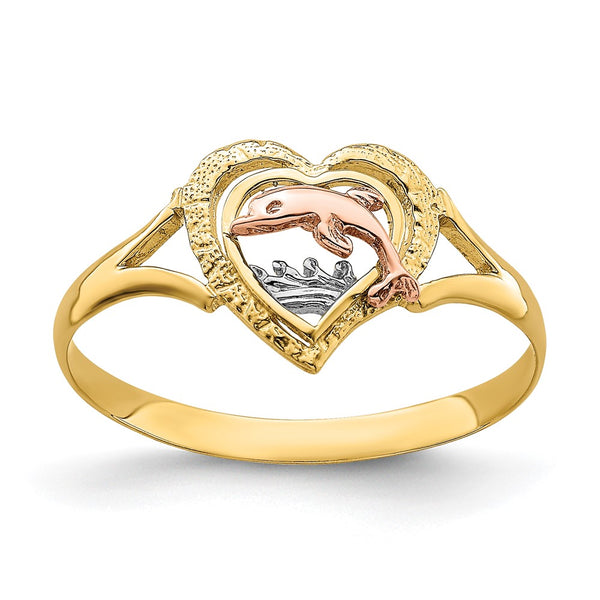 14K Yellow & Rose Gold Dolphin Heart Ring - Rhodium