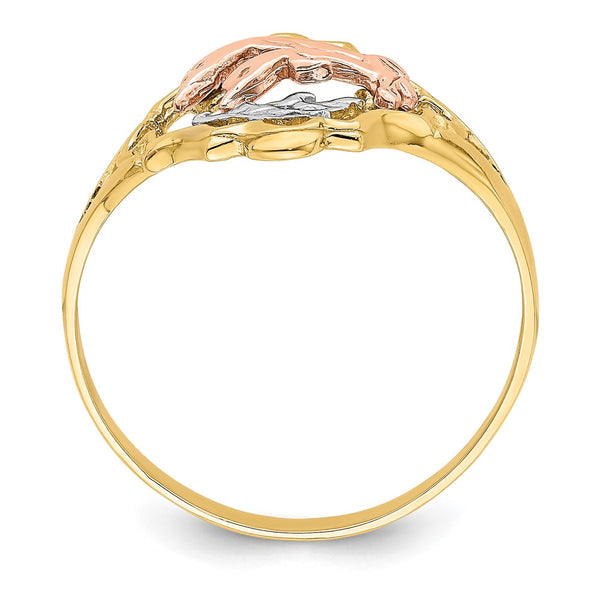 14K Yellow & Rose Gold Double Dolphin Ring - Rhodium