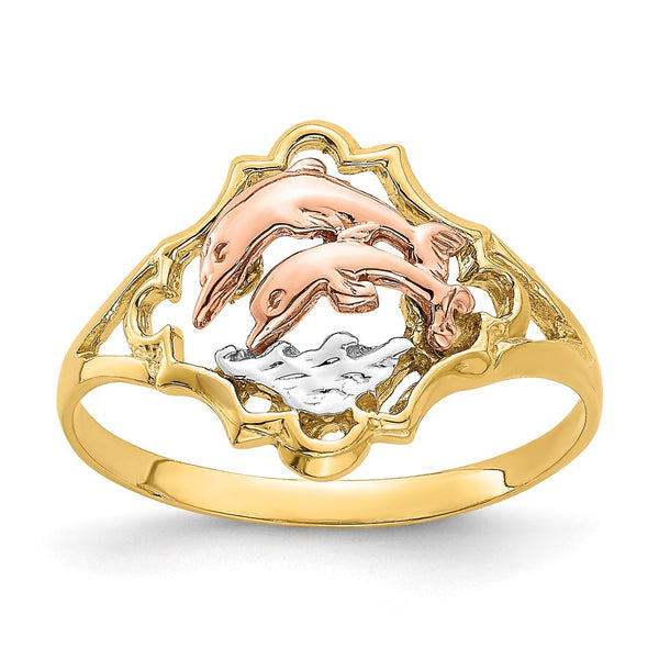 14K Yellow & Rose Gold Double Dolphin Ring - Rhodium