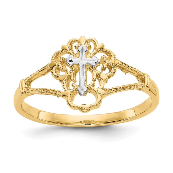14K Two-Tone Diamond-Cut Cross Ring