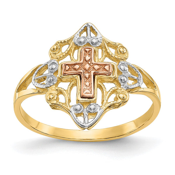 14K Two-Tone Cross Ring - White Rhodium