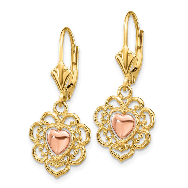 14K Two-Tone Heart-Shaped Earrings - Lace Detailing