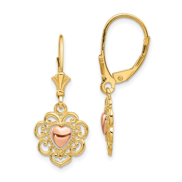 14K Two-Tone Heart-Shaped Earrings - Lace Detailing