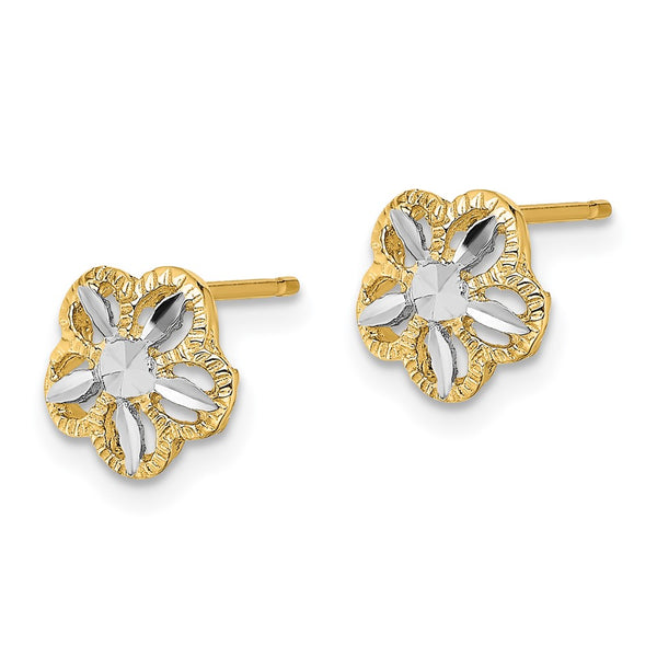 14K White Gold Flower Stud Earrings - Diamond-Cut